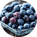 A close-up of a basket filled with fresh blue blueberries, with the basket rim and woven texture visible at the top and sides.
