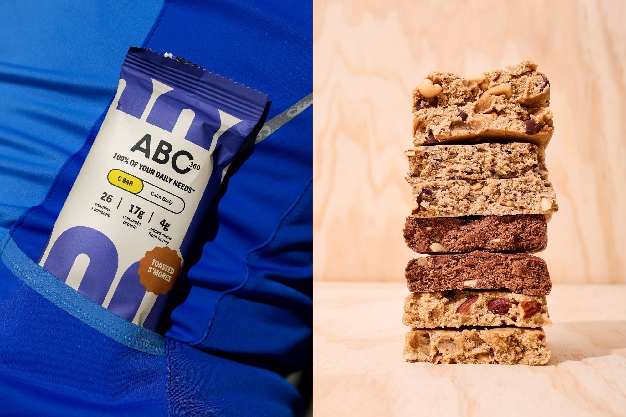 ABC 360 complete meal bar in an athletic wear pocket alongside a stack of bars showing texture, ingredients, and different flavors.