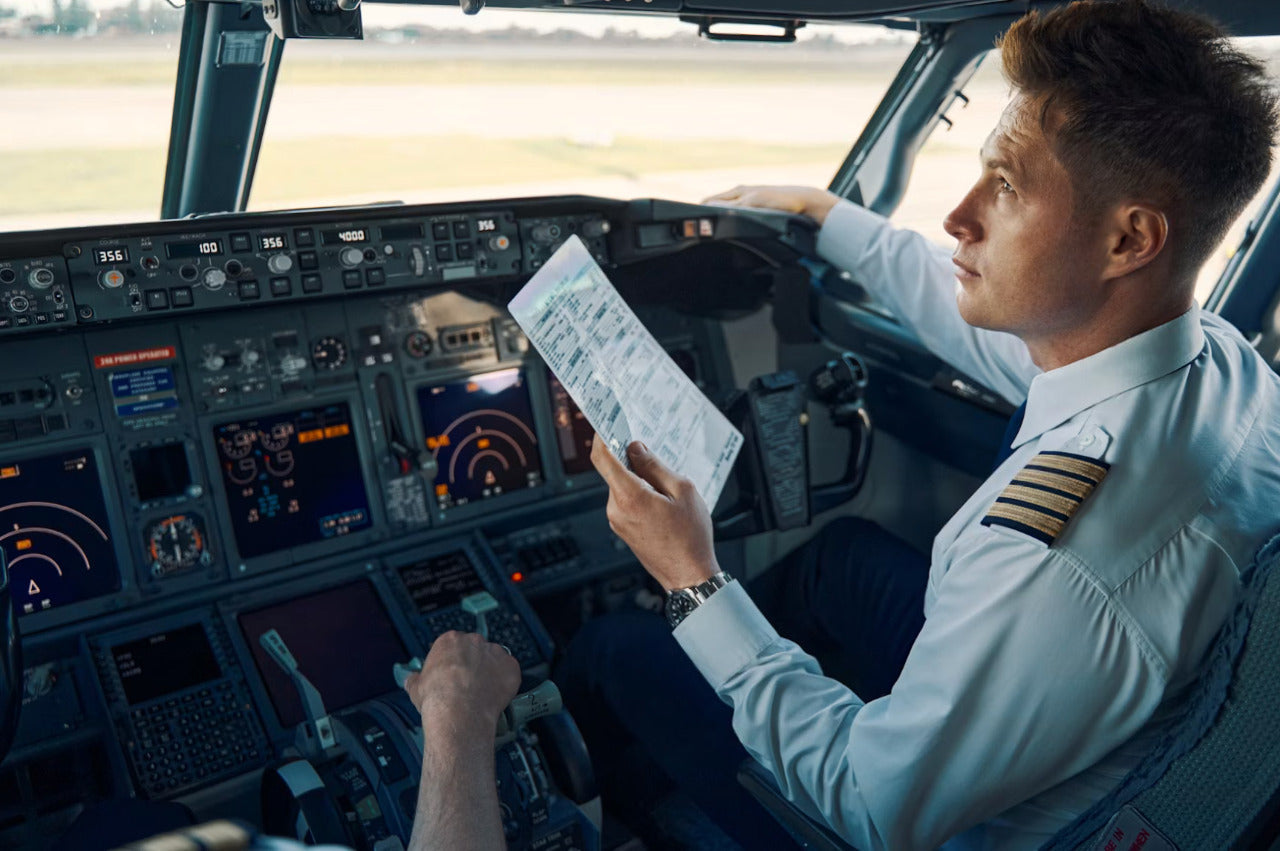 Commercial pilot in an aircraft cockpit highlighting nutrition and digestive comfort at altitude