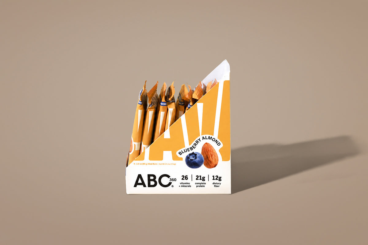 Side of the ABC 360® Blueberry Almond Protein Meal Bar box