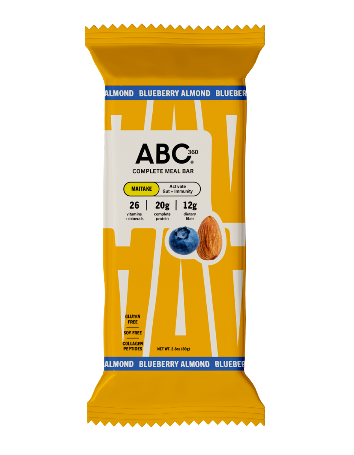 ABC 360 Protein Bar - Blueberry Almond protein bar, with images of blueberries and almonds, highlighting 26 vitamins, 20g protein, 12g fiber, plus marine collagen for gut health.