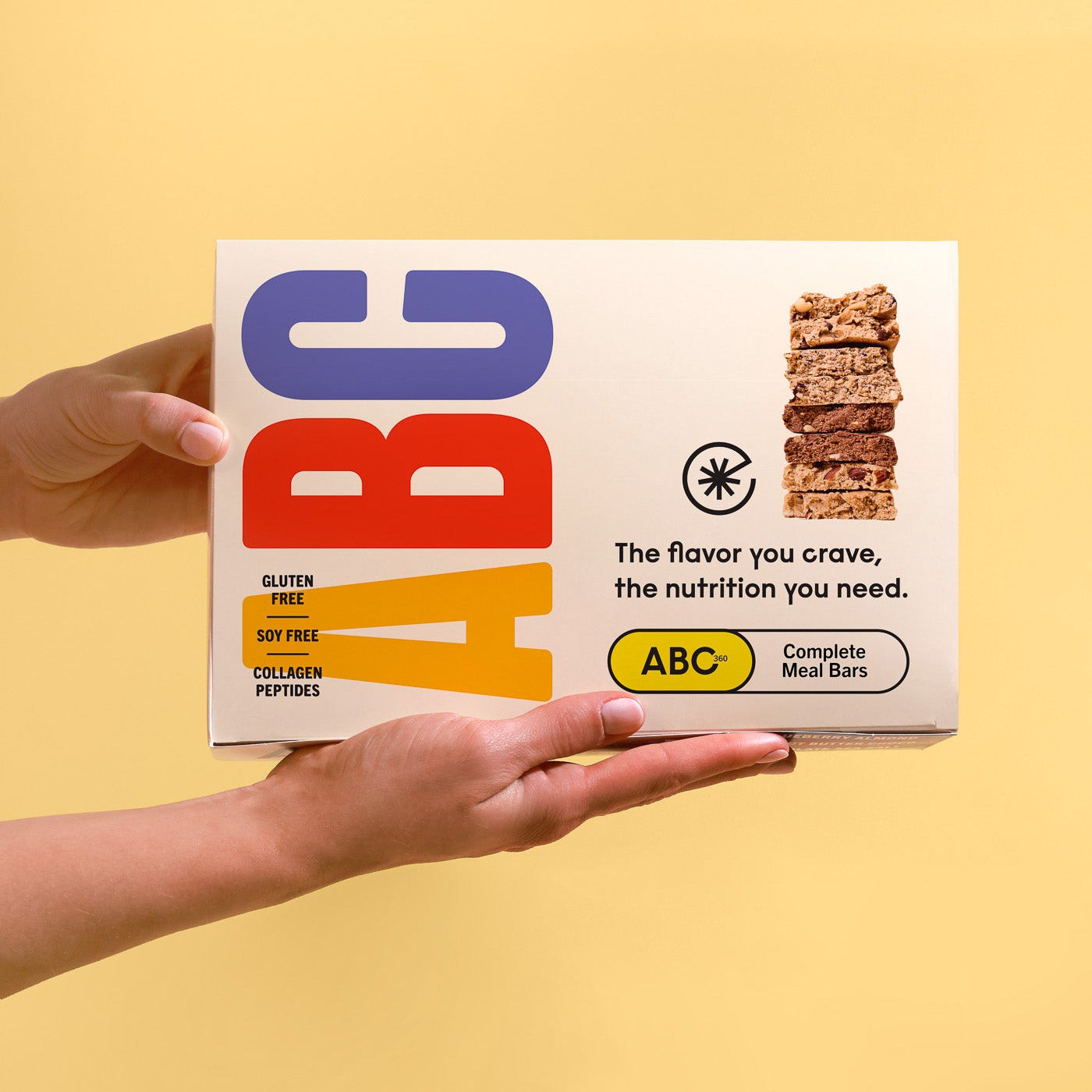 A person holding an ABC360 Bar Giftcard from ABC360BAR.COM, featuring bold A, B, and C letters on the front with stacked bars and nutrition info, all set against a yellow background.